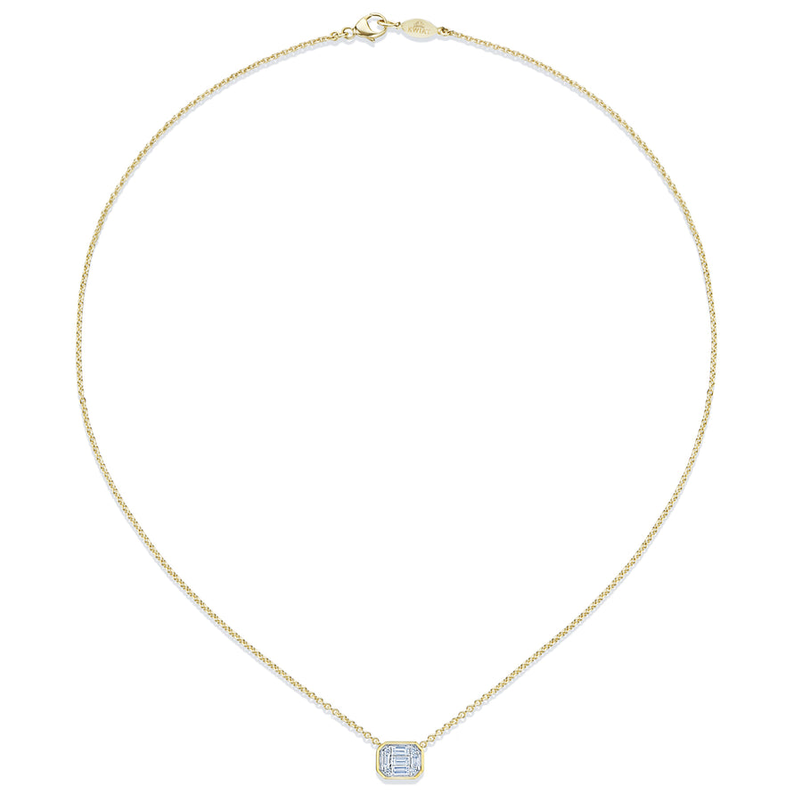 Sunburst Emerald Cut Diamond Bezel Set East-West Pendant in 18K Yellow Gold