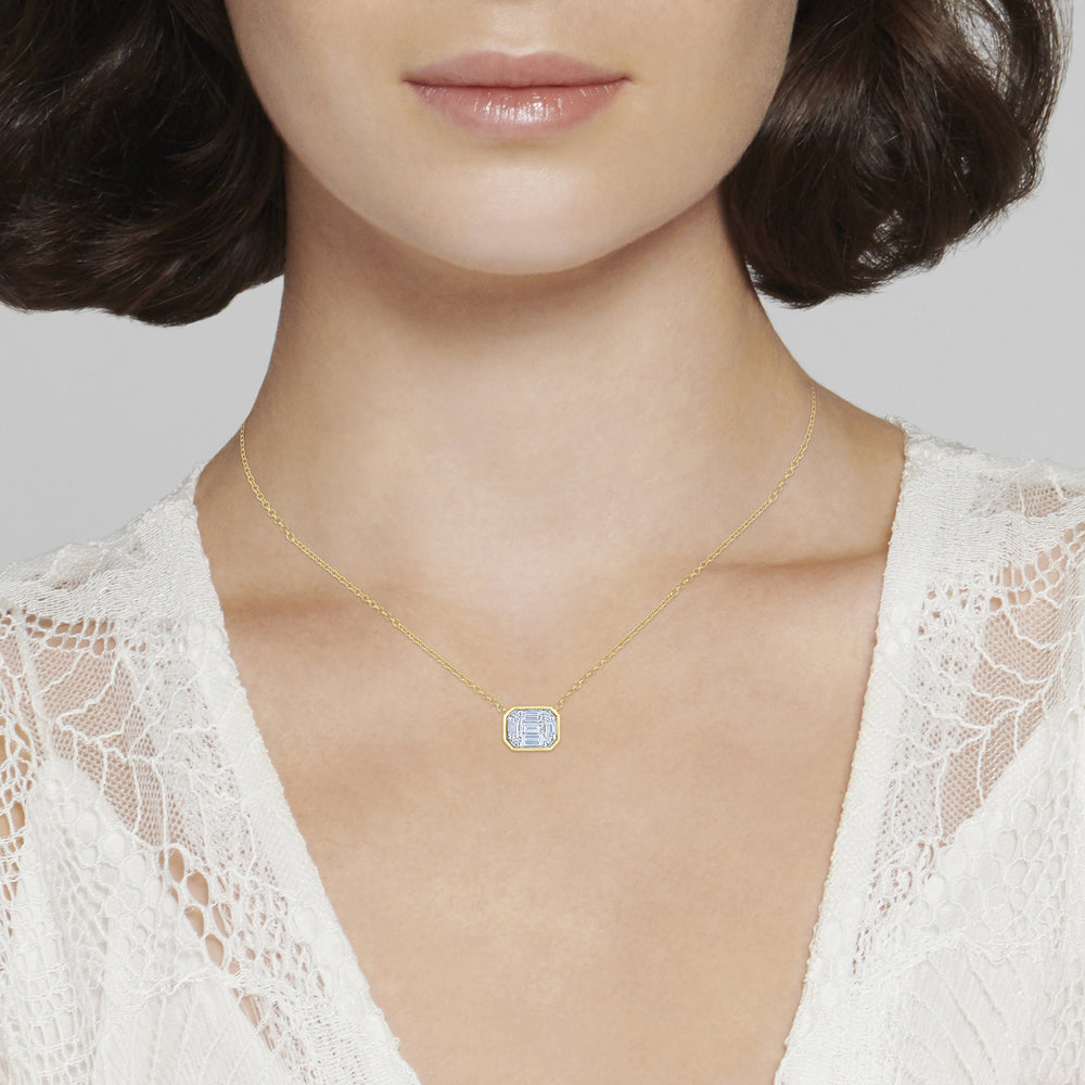 Sunburst Emerald Cut Diamond Bezel Set East-West Pendant in 18K Yellow Gold