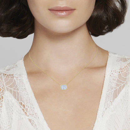 Sunburst Emerald Cut Diamond Bezel Set East-West Pendant in 18K Yellow Gold