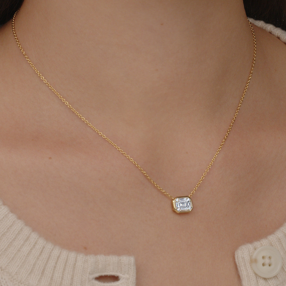 Sunburst Emerald Cut Diamond Bezel Set East-West Pendant in 18K Yellow Gold