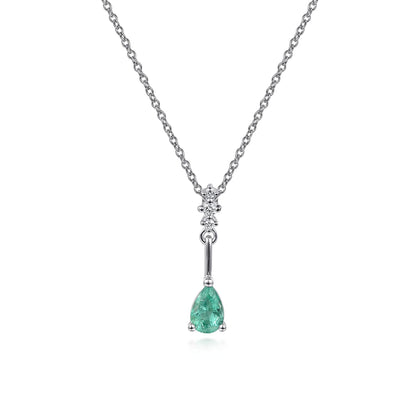 14K White Gold Pear Shaped Emerald and Diamond Drop Pendant Necklace