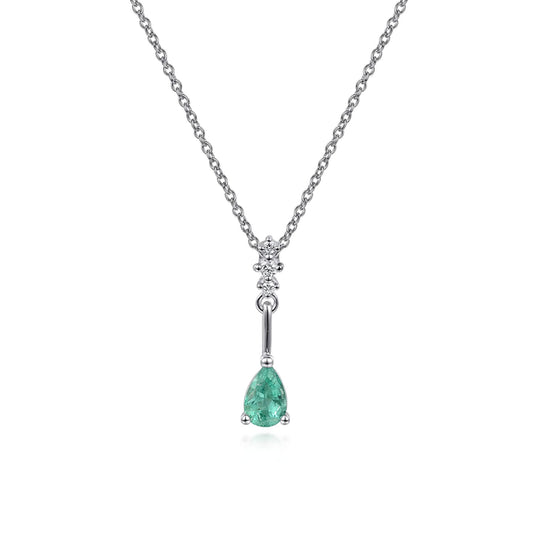 14K White Gold Pear Shaped Emerald and Diamond Drop Pendant Necklace