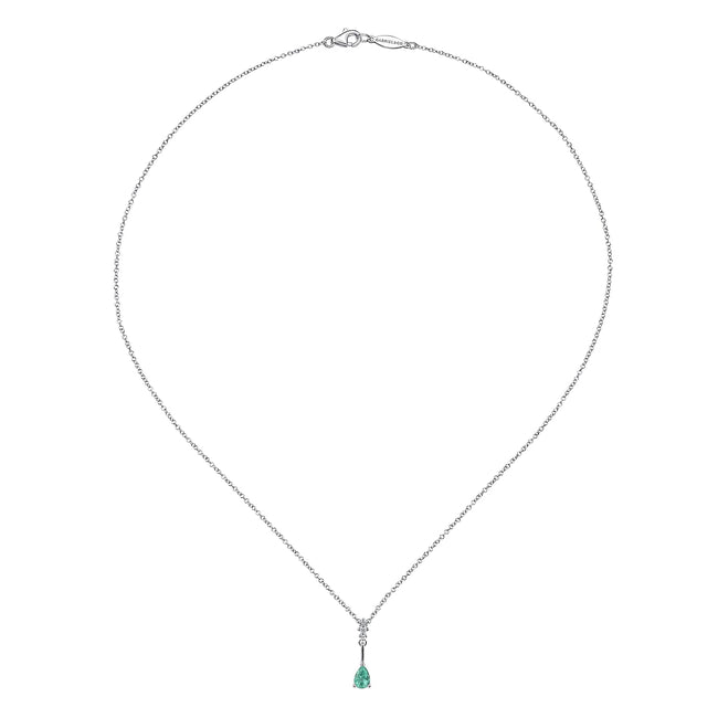 14K White Gold Pear Shaped Emerald and Diamond Drop Pendant Necklace