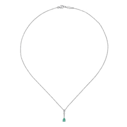14K White Gold Pear Shaped Emerald and Diamond Drop Pendant Necklace