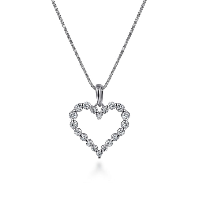 14K White Gold Open Heart Diamond Pendant Necklace