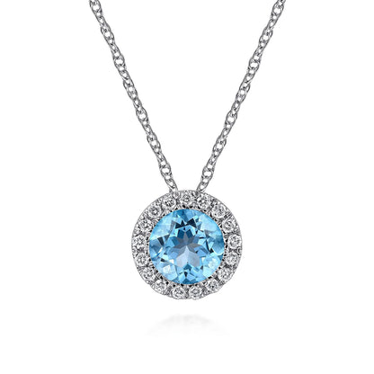 14K White Gold Round Swiss Blue Topaz and Diamond Halo Pendant Necklace