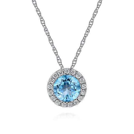 14K White Gold Round Swiss Blue Topaz and Diamond Halo Pendant Necklace