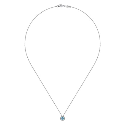 14K White Gold Round Swiss Blue Topaz and Diamond Halo Pendant Necklace