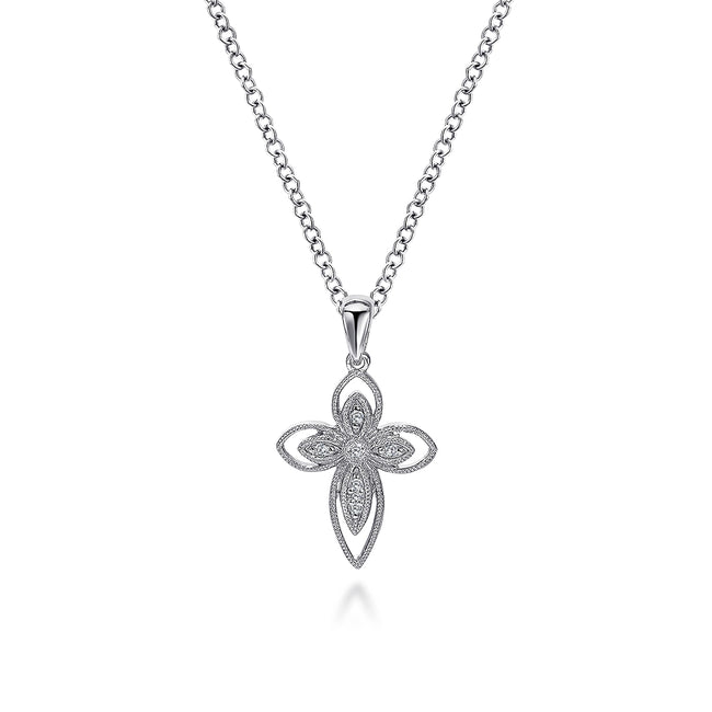 925 Sterling Silver Openwork Diamond Cross Necklace