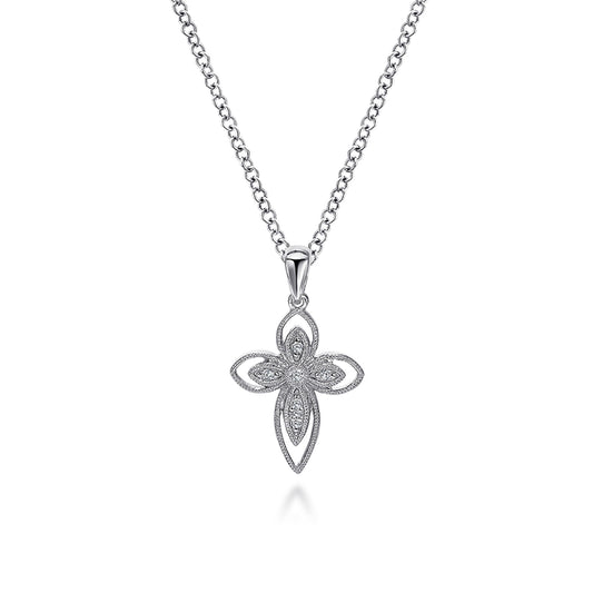 925 Sterling Silver Openwork Diamond Cross Necklace