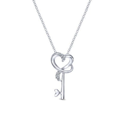 18 inch 925 Sterling Silver Heart Key Pendant Necklace with Diamonds