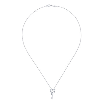 18 inch 925 Sterling Silver Heart Key Pendant Necklace with Diamonds