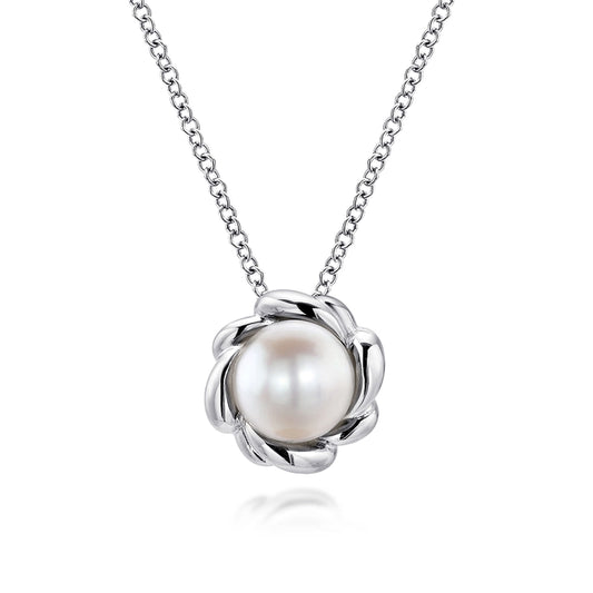 925 Sterling Silver Swirling Cultured Pearl Pendant Necklace