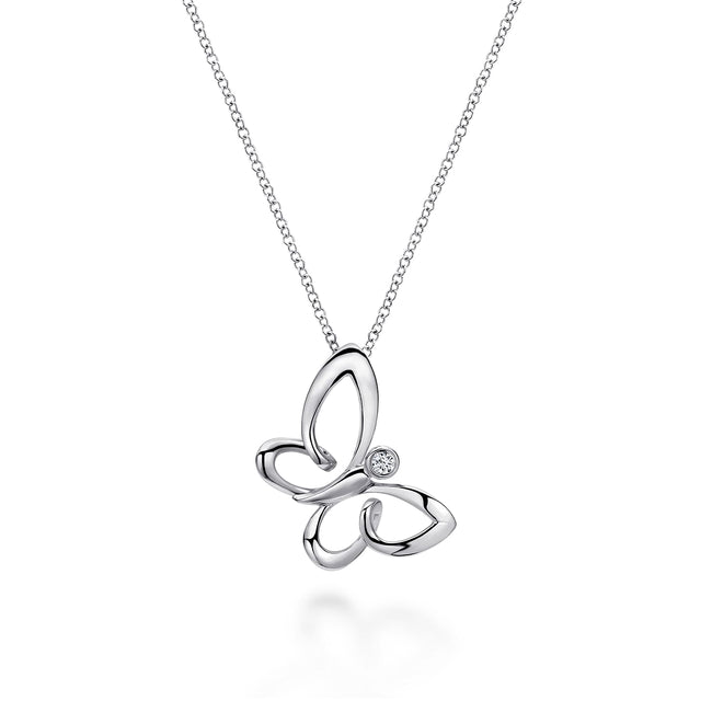 18 inch 925 Sterling Silver White Sapphire Sideways Butterfly Pendant Necklace