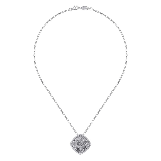18 inch 925 Sterling Silver Pavé Diamond Cushion Shape Pendant Necklace