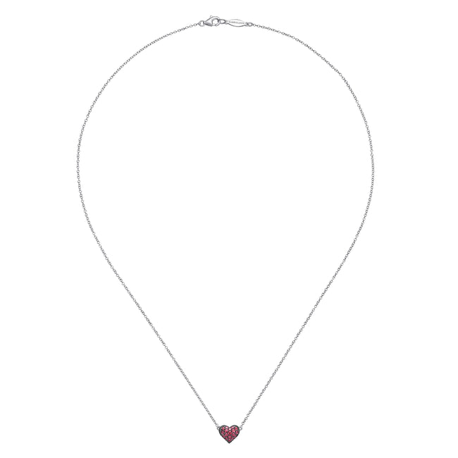 925 Sterling Silver Ruby Pavé Heart Pendant Necklace