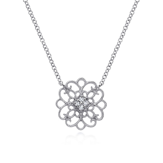 925 Sterling Silver Round Filigree White Sapphire Pendant Necklace