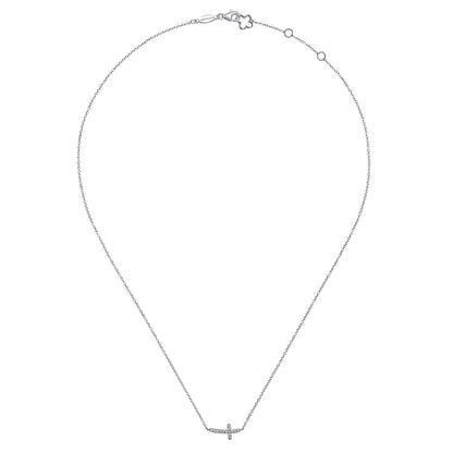 14K White Gold Sideways Curved Diamond Cross Necklace