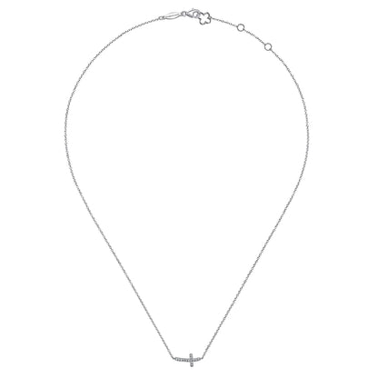 14K White Gold Sideways Curved Diamond Cross Necklace