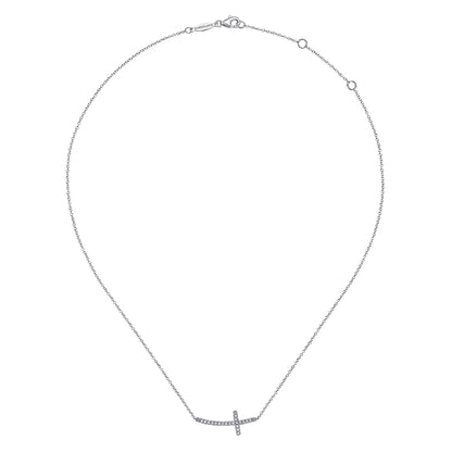 14K White Gold Sideways Curved Diamond Cross Necklace