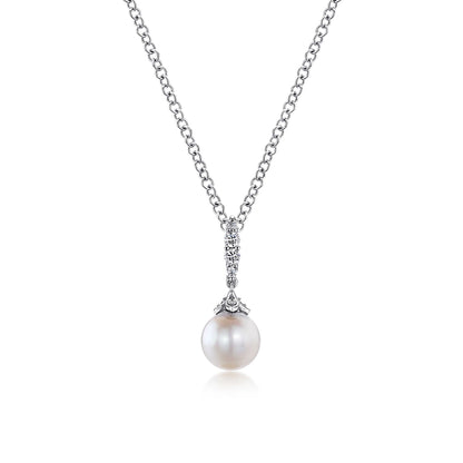 14K White Gold Cultured Pearl and Diamond Drop Pendant Necklace