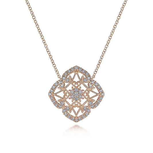 Vintage Inspired 14K Rose Gold Filigree Diamond Pendant Necklace