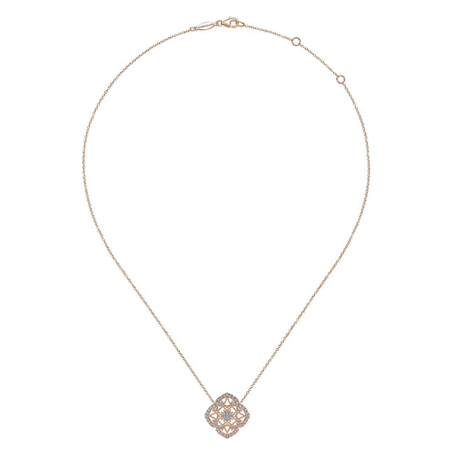 Vintage Inspired 14K Rose Gold Filigree Diamond Pendant Necklace