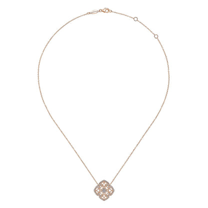 Vintage Inspired 14K Rose Gold Filigree Diamond Pendant Necklace