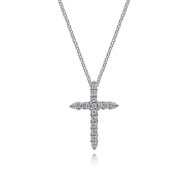 14K White Gold Diamond Cross Pendant Necklace