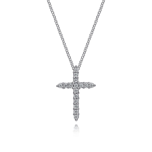 14K White Gold Diamond Cross Pendant Necklace