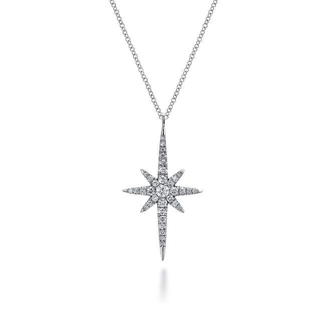 14K White Gold Diamond Starburst Pendant Necklace