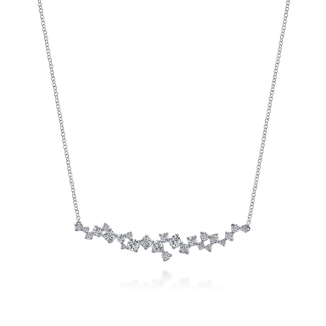 18K White Gold Diamond Cluster Curved Bar Necklace