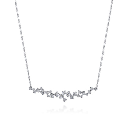 18K White Gold Diamond Cluster Curved Bar Necklace