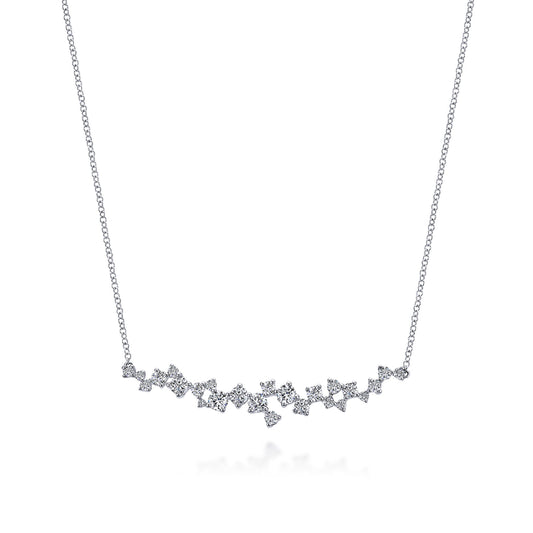 18K White Gold Diamond Cluster Curved Bar Necklace