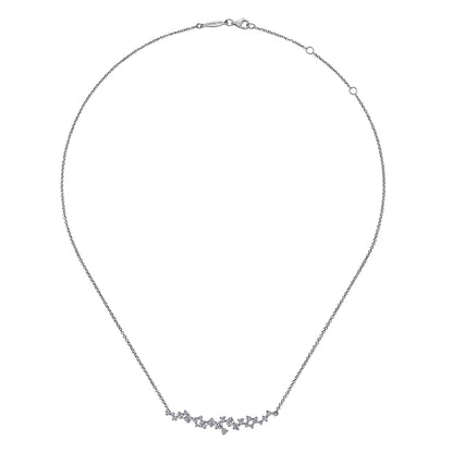18K White Gold Diamond Cluster Curved Bar Necklace
