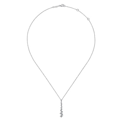 14K White Gold Linear Diamond Cluster Pendant Necklace