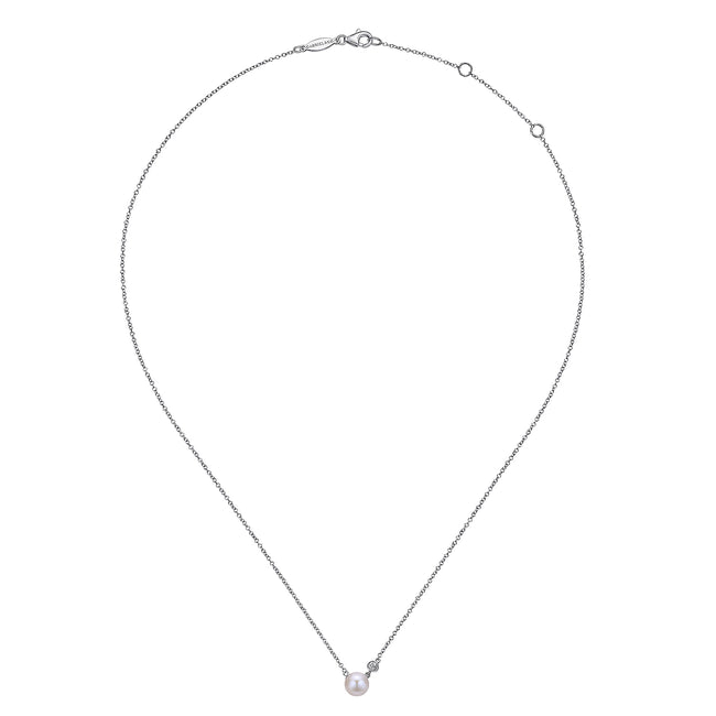 925 Sterling Silver Cultured Pearl and Pendant Diamond Necklace