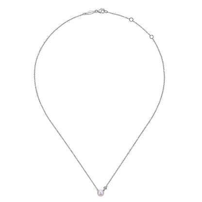 925 Sterling Silver Cultured Pearl and Pendant Diamond Necklace