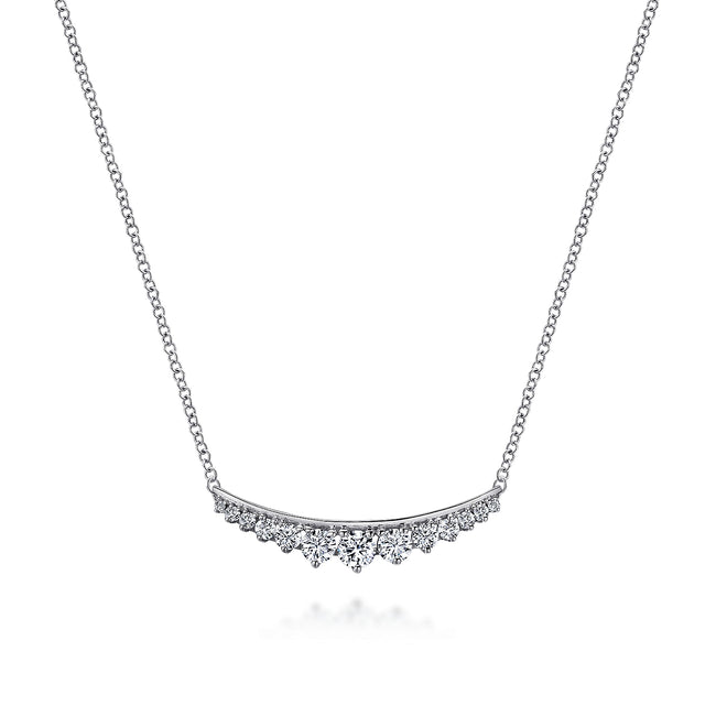 14K White Gold Curved Diamond Bar Necklace