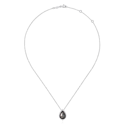 925 Sterling Silver Hammered Pear Shaped Rock Crystal/Black MOP Teardrop Pendant Necklace