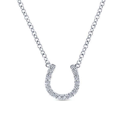 14K White Gold Diamond Horseshoe Pendant Necklace