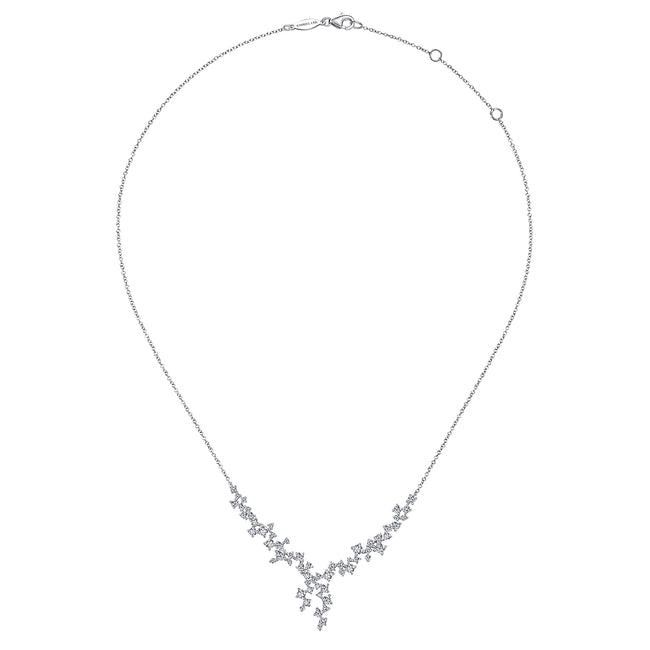18K White Gold Waterfall Lariat Diamond Cluster Necklace