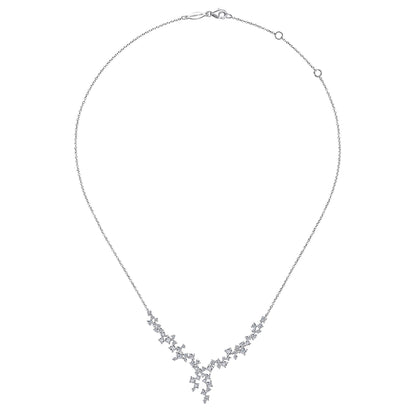 18K White Gold Waterfall Lariat Diamond Cluster Necklace
