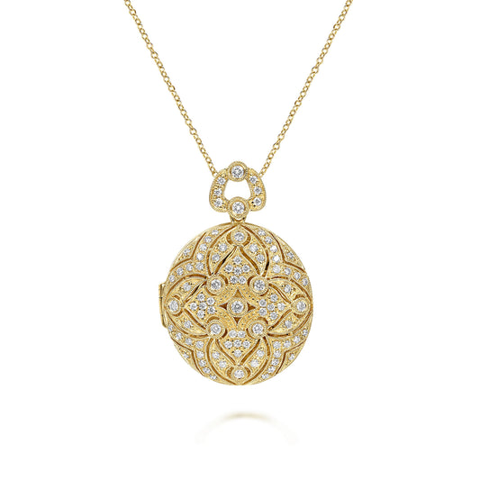 24 inch Vintage Inspired 14K Yellow Gold Round Filigree Diamond Locket Necklace