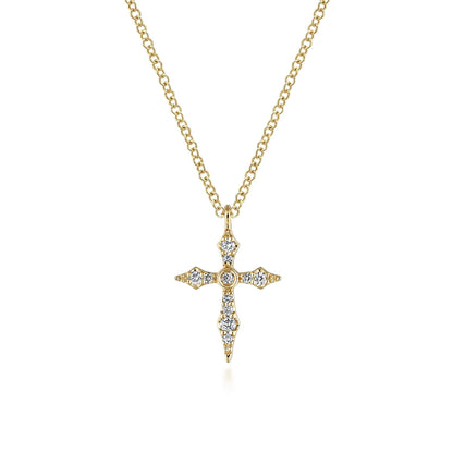 14K Yellow Gold Sculpted Diamond Cross Pendant Necklace