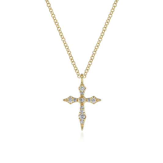 14K Yellow Gold Sculpted Diamond Cross Pendant Necklace