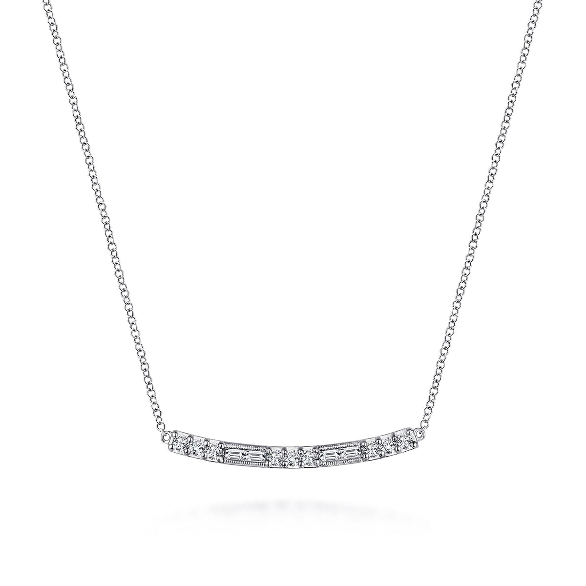 14K White Gold Round and Baguette Diamond Curved Bar Necklace