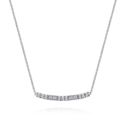 14K White Gold Round and Baguette Diamond Curved Bar Necklace
