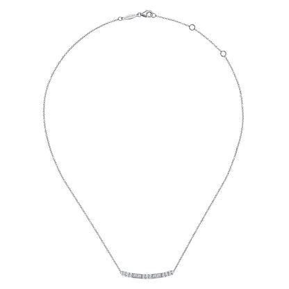 14K White Gold Round and Baguette Diamond Curved Bar Necklace