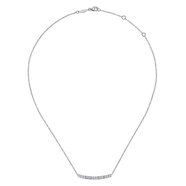 14K White Gold Round and Baguette Diamond Curved Bar Necklace